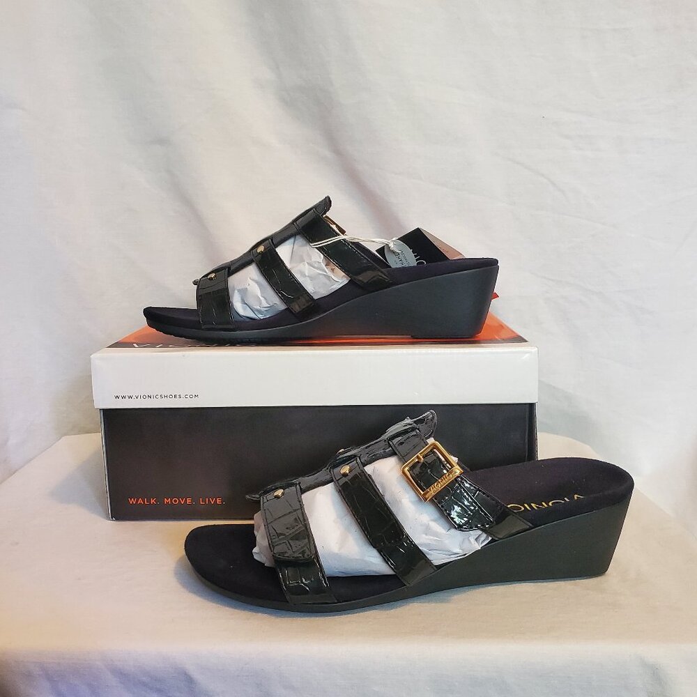 Vionic Radia Wedge Sandal Triple Strap, Black Crocodile